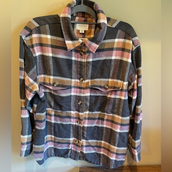 American Eagle Outfitters Mauve/ Gray Plaid Shacket - Picture 1 of 5